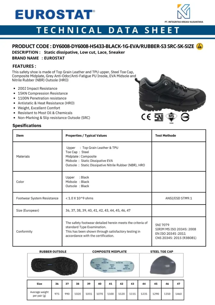 Spek sepatu safety sneaker anti static anti paku