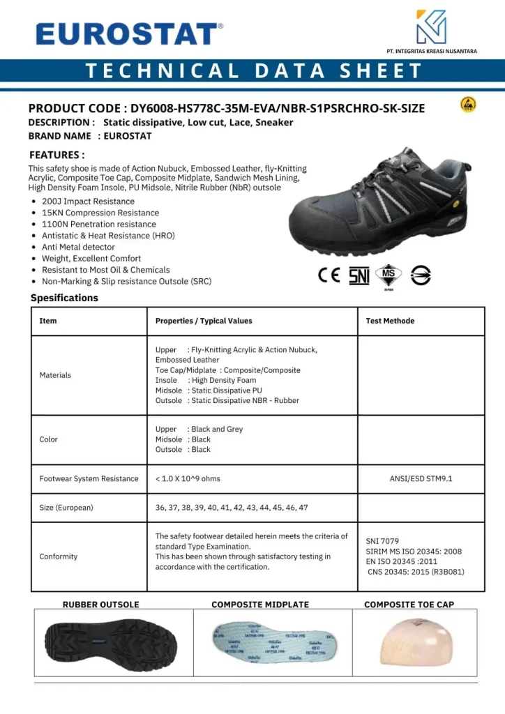 Spek sepatu safety sneaker anti static - anti metal detector